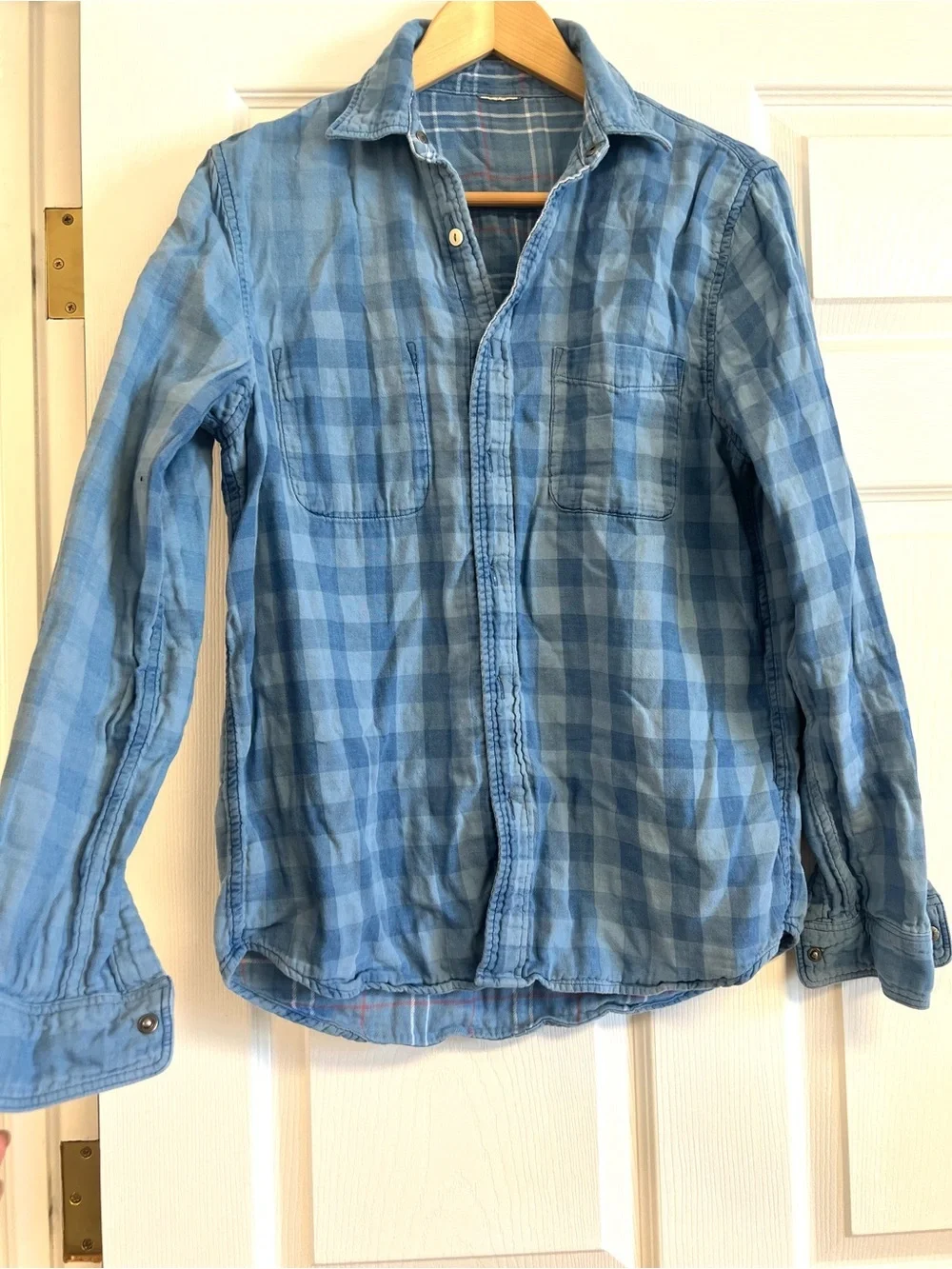 Faherty men S reversible long-sleeve cotton work shirt blue plaid retro vintage